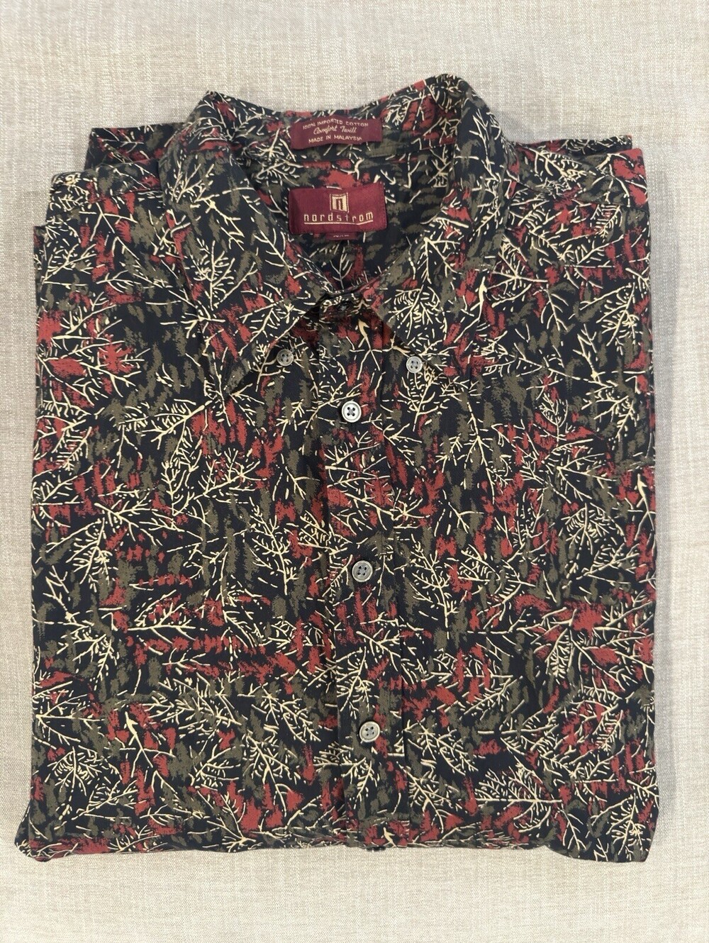 Nordstrom 80s Vintage Cotton Leaf Print Shirt Black Red XXL